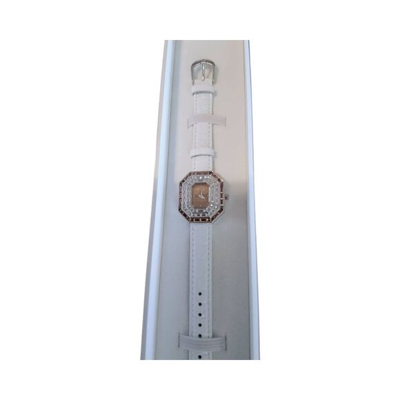 BNIB~Women's T-Engine Brown Crystal Sapphire Glass White Leather Strap Watch - Picture 6 of 6